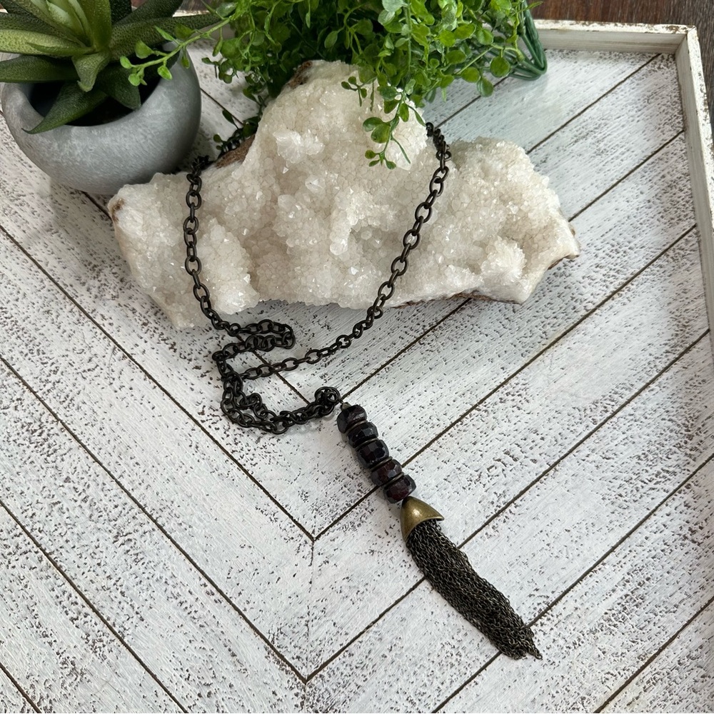 Garnet Beaded Tassel Gemstone Necklace Long Chain
